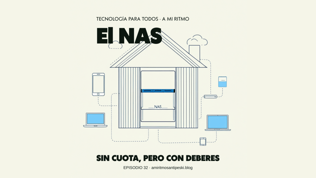 Ilustracion de una casa con un NAS dentro, conectado por lineas de puntos a moviles, portatiles y tablets
