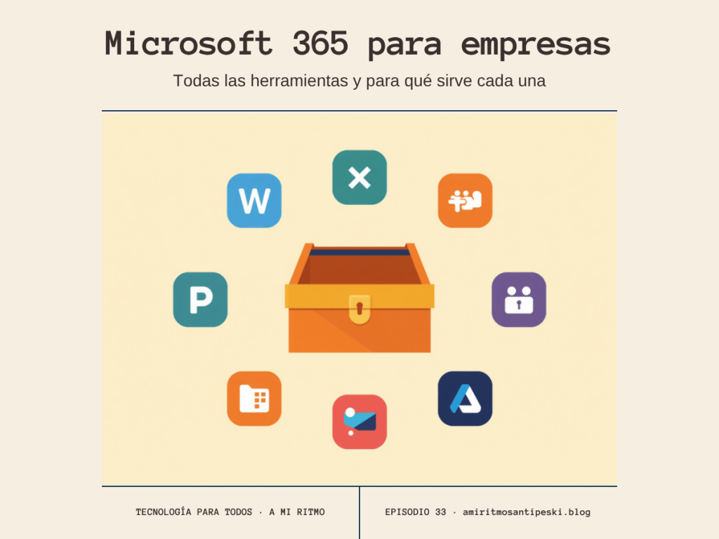 Ilustración de una caja de herramientas abierta rodeada por los iconos de Word, Excel, PowerPoint, Teams, Azure y otras aplicaciones de Microsoft 365, con el título «Microsoft 365 para empresas».