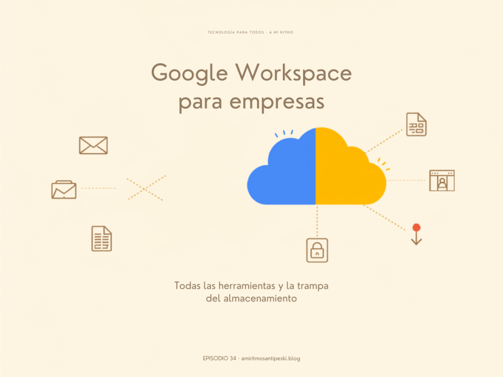 Ilustración de la nube de Google en sus cuatro colores rodeada de iconos del correo, documentos, hojas de cálculo, videollamadas y un candado. Episodio 34 de A mi ritmo: Google Workspace para empresas.