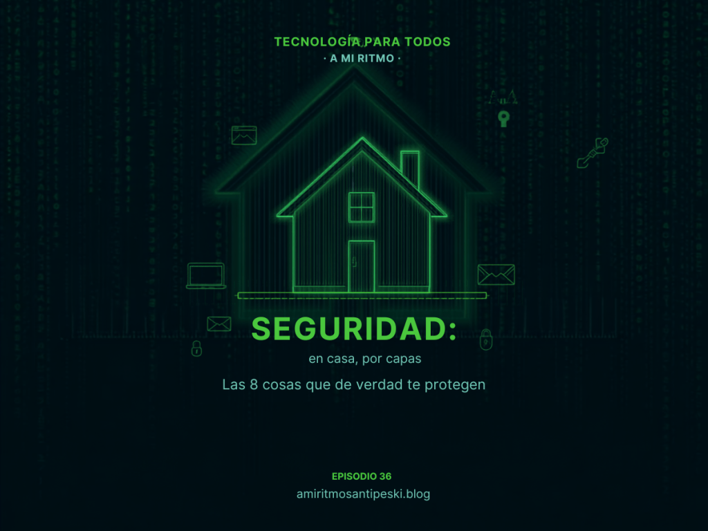 Ilustración en verde neón sobre fondo negro, con lluvia de código de fondo: una casa con un ordenador dentro, rodeada de un candado, una huella dactilar, un sobre y un portátil. Episodio 36 de A mi ritmo: seguridad en casa, por capas.