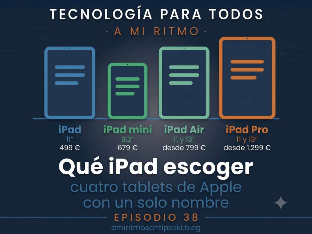 Los cuatro iPad en fila con sus precios: iPad 499 euros, iPad mini 679, iPad Air desde 799 y iPad Pro desde 1.299