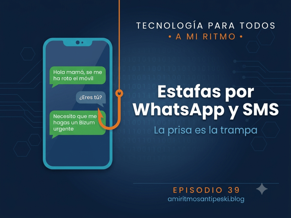 Ilustración de un móvil con tres mensajes de chat: «Hola mamá, se me ha roto el móvil», «¿Eres tú?» y «Necesito que me hagas un Bizum urgente», con un anzuelo naranja atravesando el último mensaje